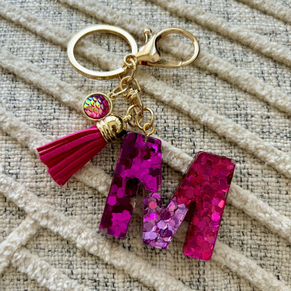 Pink Monogram Letter M Sequin Keychain w/ Tassle NWOT Charm